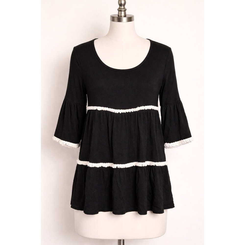 Umgee USA Black Boho Tiered Tunic Top Small White Crochet Trim Babydoll Blouses